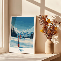 Alta Utah Winter Mountain Landscape Poster - Utah Skiing Decor featuring skis and snow-covered mountains.