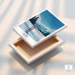 Alta Utah Winter Mountain Landscape Poster - Utah Skiing Decor showcased on a wooden box with snowy mountain art.