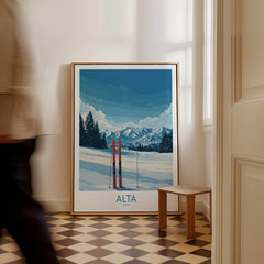 Alta Utah Winter Mountain Landscape Poster - Utah Skiing Decor featuring a snowy scene with skis in a cozy room.