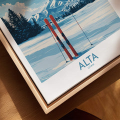 Alta Utah Winter Mountain Landscape Poster - Utah Skiing Decor featuring ski poles in a snowy landscape.