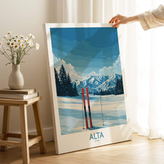 Alta Utah Winter Mountain Landscape Poster - Utah Skiing Decor featuring skis and snow-covered mountains.