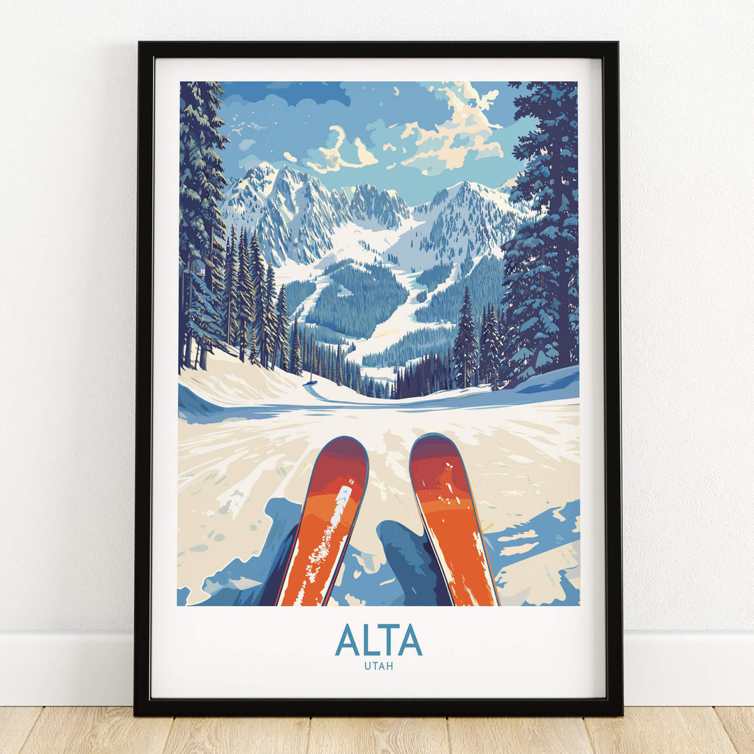 Alta Utah Ski Adventure Poster - Wasatch Range Travel Decor featuring scenic snow-covered mountains.