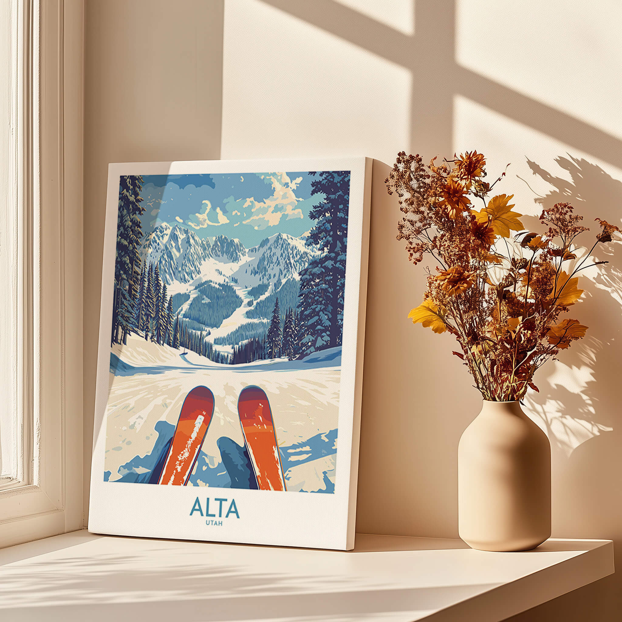 Alta Utah Ski Adventure Poster - Wasatch Range Travel Decor showcasing skiing in the majestic Wasatch mountains.