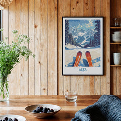 Alta Utah Ski Adventure Poster - Wasatch Range Travel Decor hanging in a cozy interior with wooden decor.