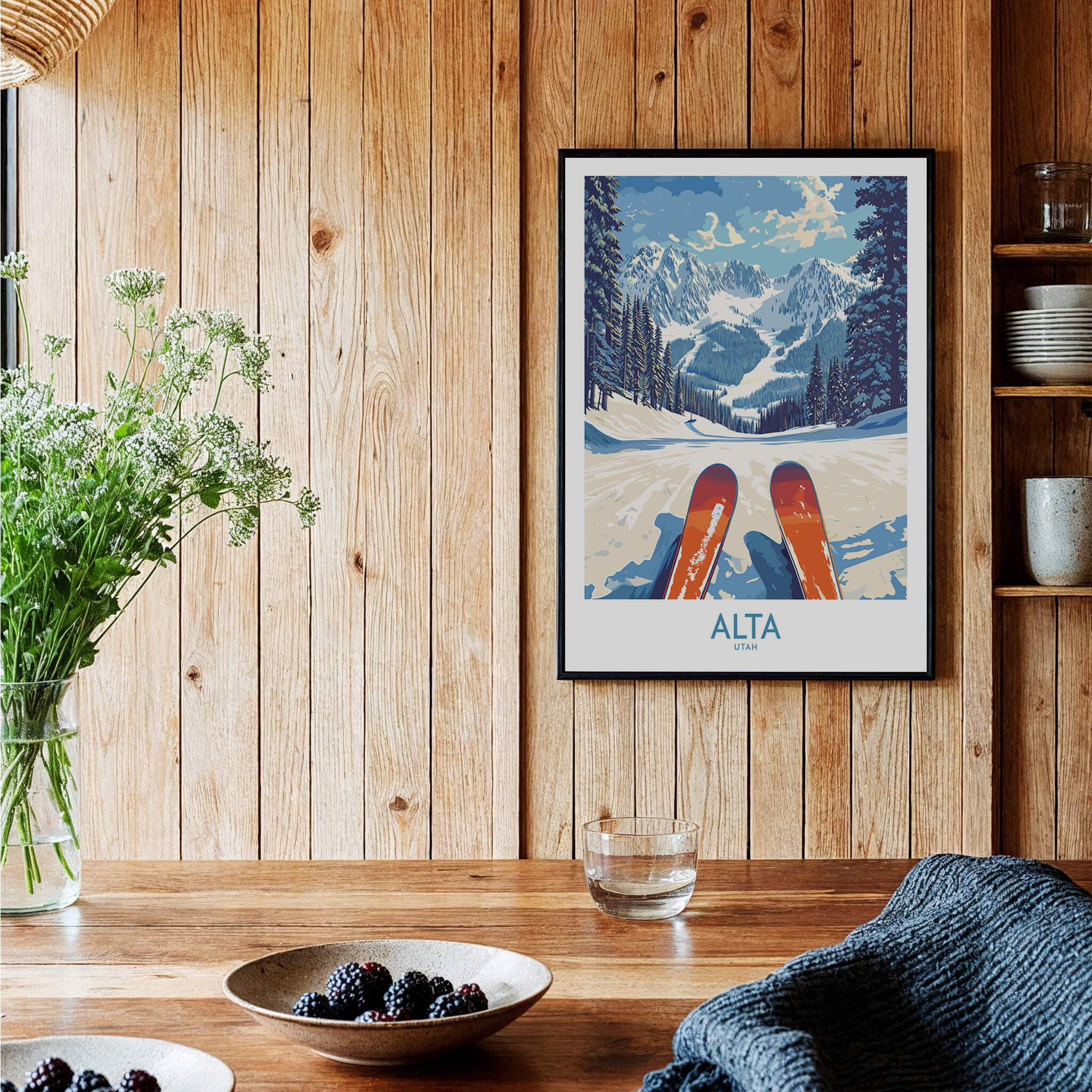 Alta Utah Ski Adventure Poster - Wasatch Range Travel Decor hanging in a cozy interior with wooden decor.