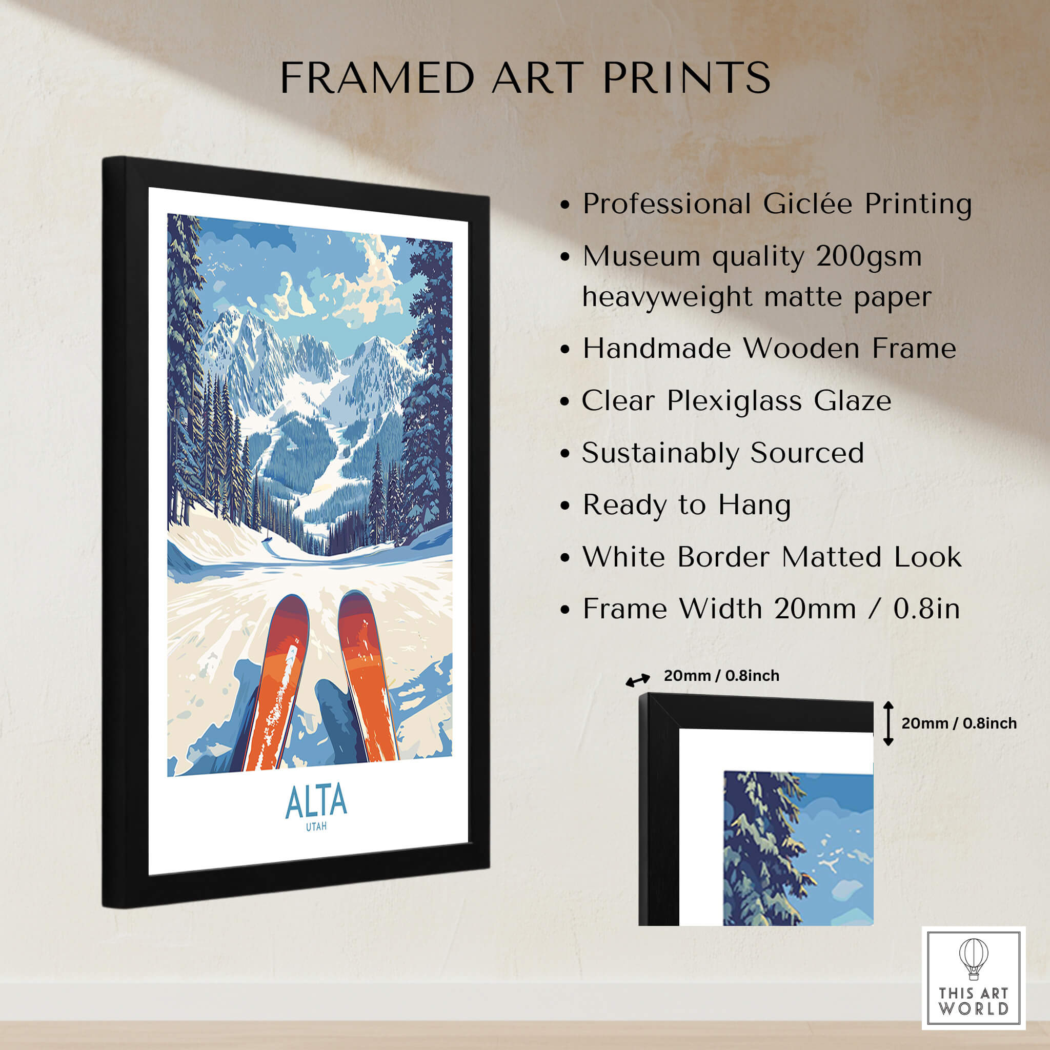 Alta Utah Ski Adventure Poster - Wasatch Range Travel Decor featuring a framed art print with ski gear.