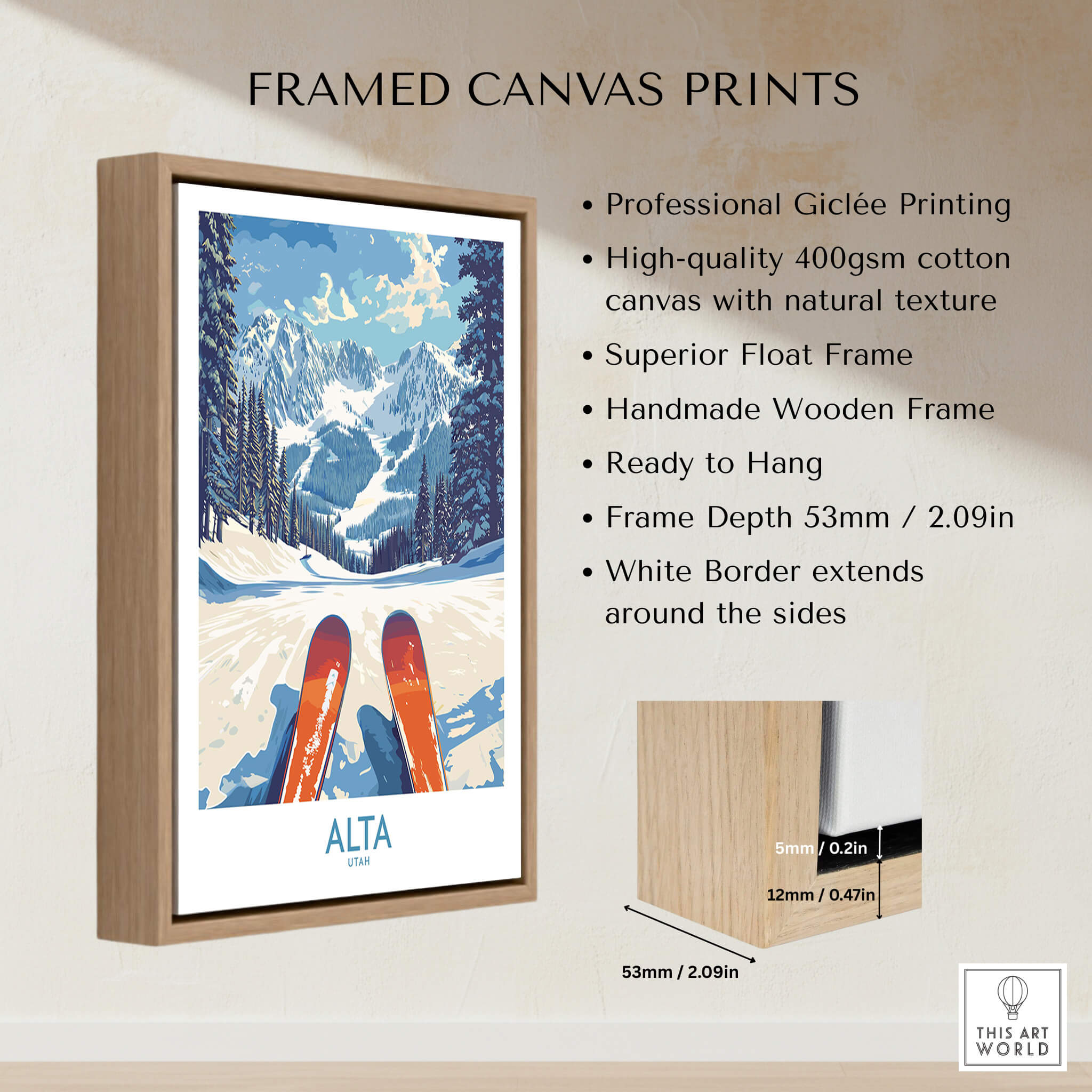 Alta Utah Ski Adventure Poster - Wasatch Range Travel Decor framed canvas print with wooden frame and high-quality giclée printing.