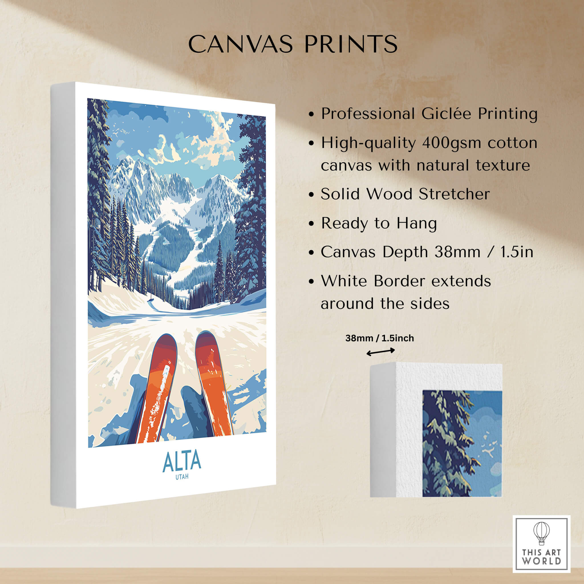 Alta Utah Ski Adventure Poster - Wasatch Range Travel Decor on canvas print showcasing snowy mountains.