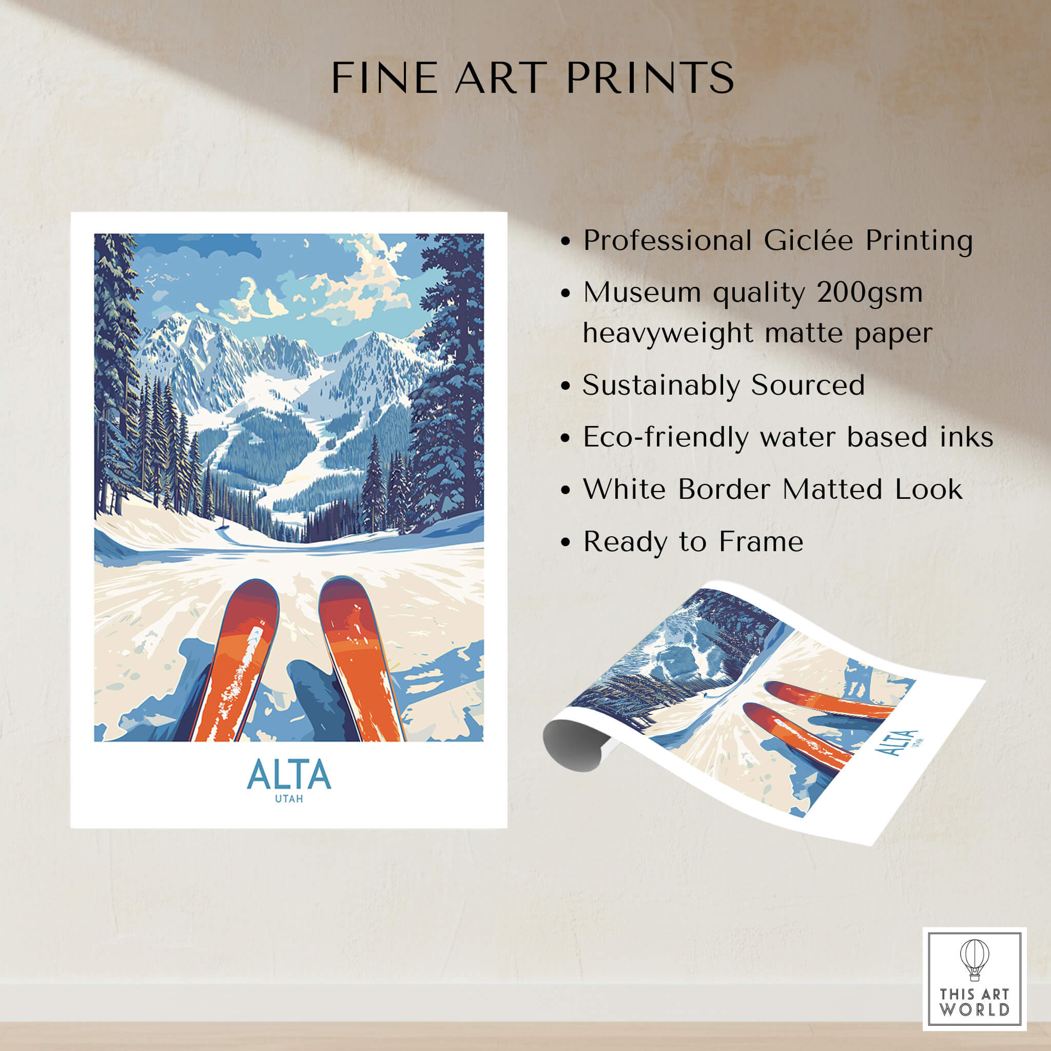 Alta Utah Ski Adventure Poster - Wasatch Range Travel Decor showcasing ski trails and mountains.