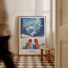 Alta Utah Ski Adventure Poster - Wasatch Range Travel Decor displayed in a stylish interior setting.