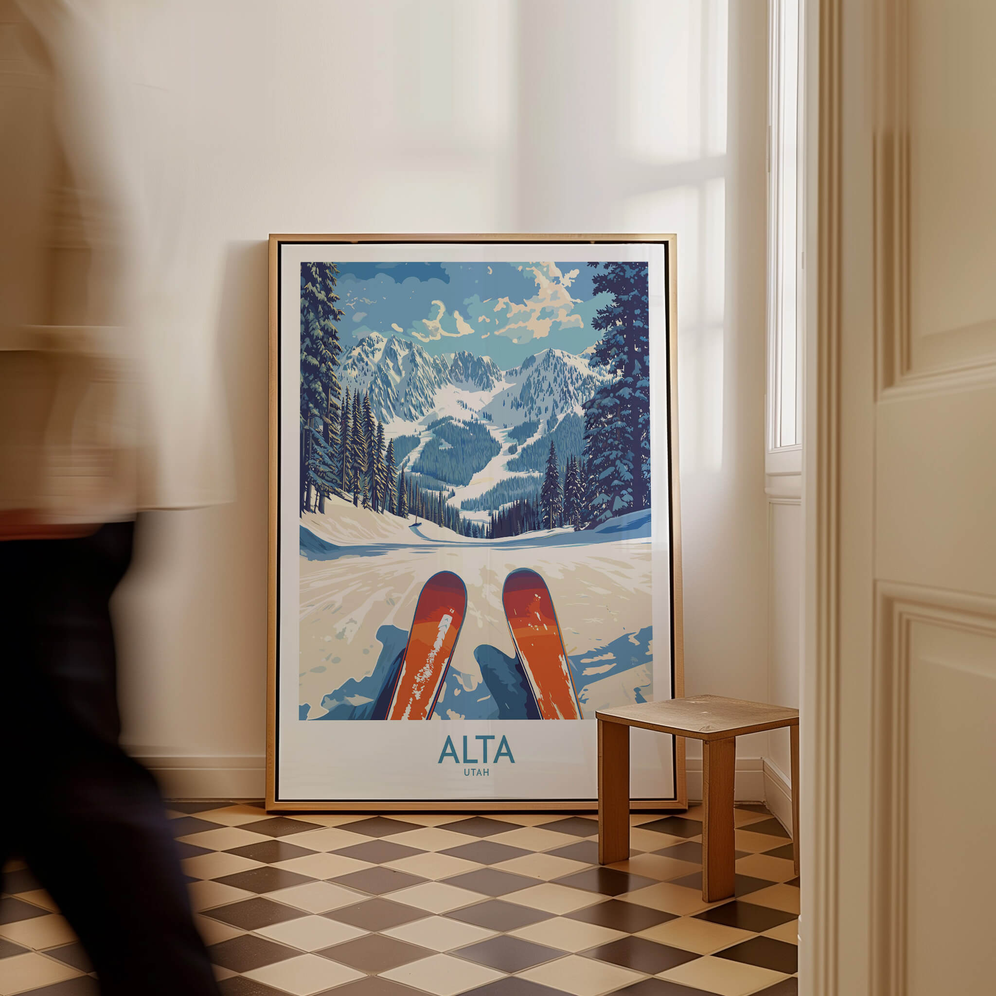 Alta Utah Ski Adventure Poster - Wasatch Range Travel Decor displayed in a stylish interior setting.