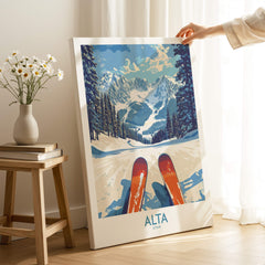 Alta Utah Ski Adventure Poster - Wasatch Range Travel Decor featuring skis and scenic winter mountains.