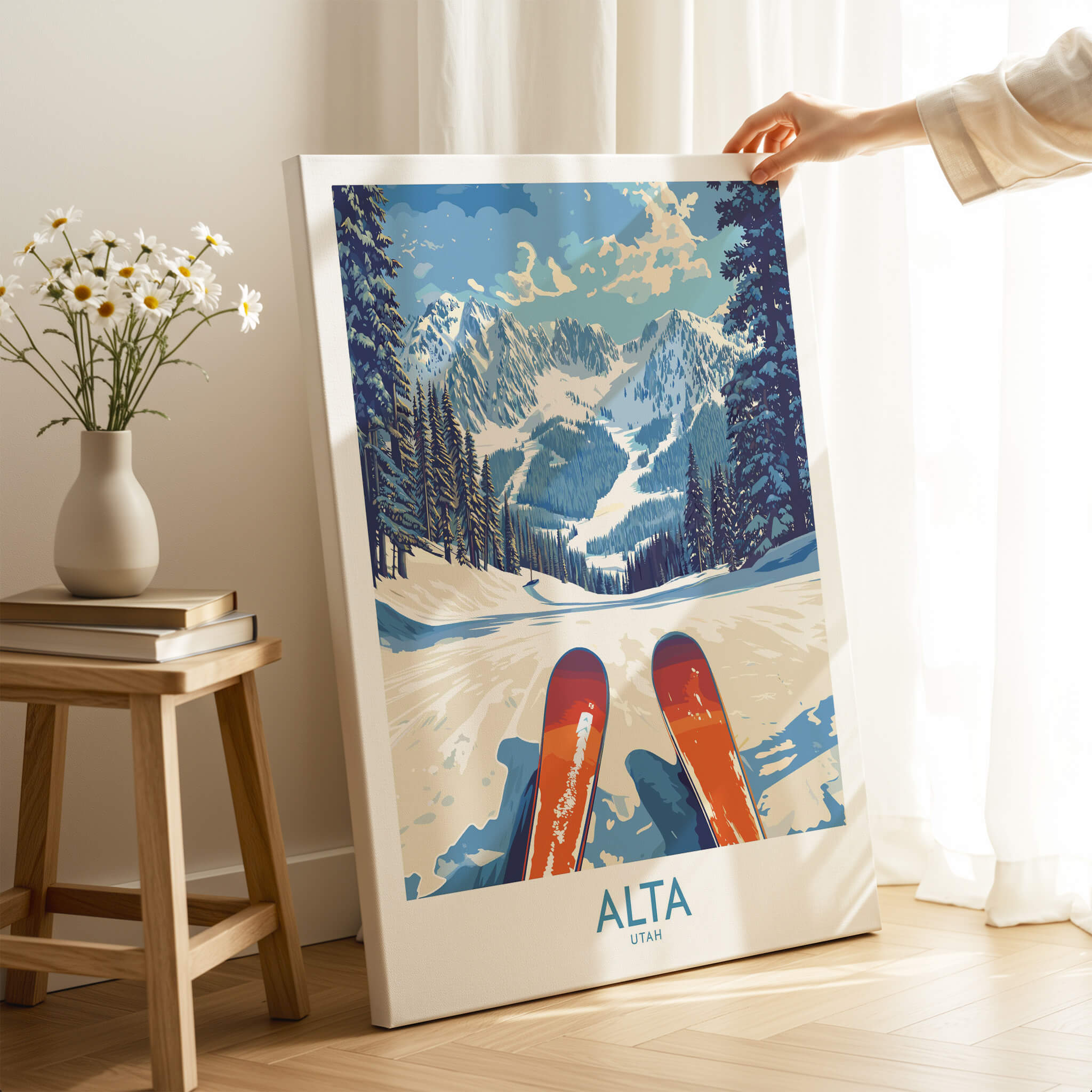 Alta Utah Ski Adventure Poster - Wasatch Range Travel Decor featuring skis and scenic winter mountains.