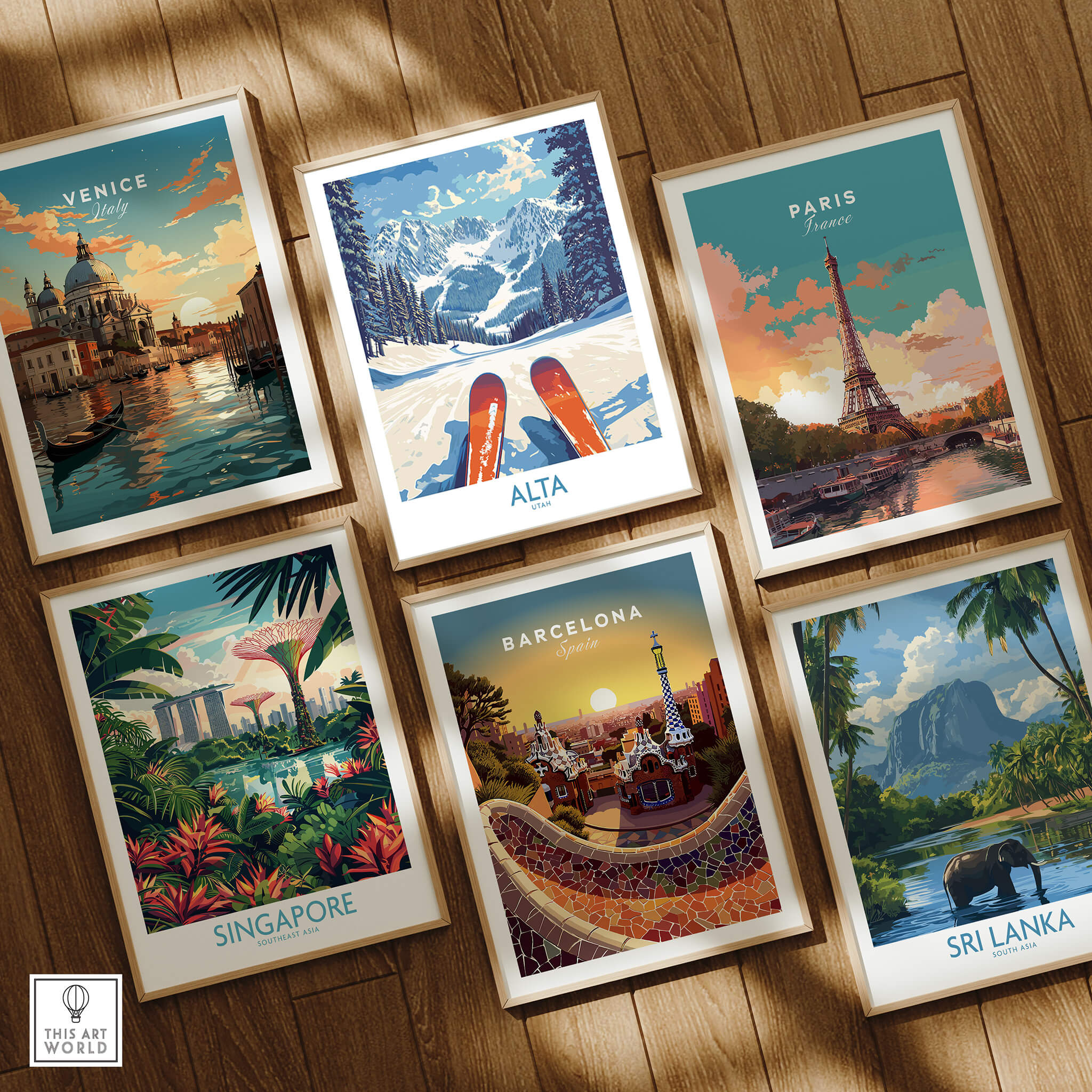 Alta Utah Ski Adventure Poster - Wasatch Range Travel Decor displayed among travel posters of Venice, Paris, Singapore, Barcelona, and Sri Lanka.