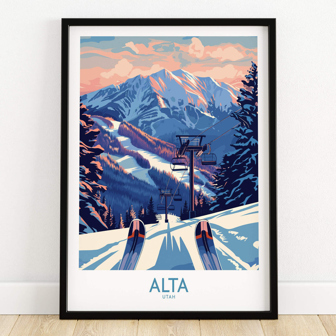 Alta Utah Ski Print - Winter Sports Travel Decor showcasing a beautiful snowy mountain landscape with ski tracks.