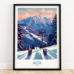 Alta Utah Ski Print - Winter Sports Travel Decor showcasing a beautiful snowy mountain landscape with ski tracks.