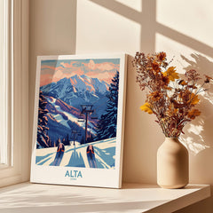 Alta Utah Ski Print - Winter Sports Travel Decor displayed on a shelf with vase of flowers and sunlight.