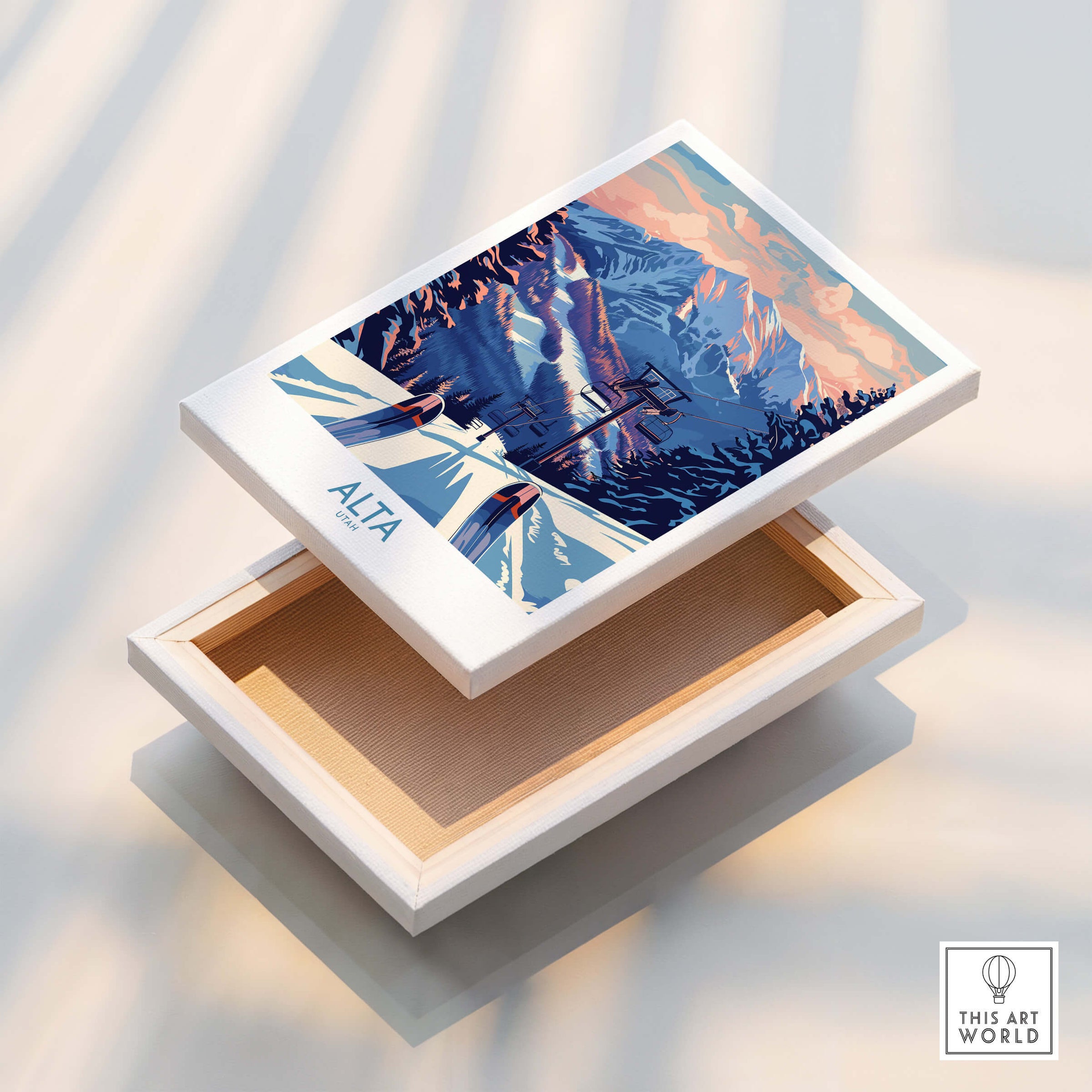 Alta Utah Ski Print - Winter Sports Travel Decor displayed on an open box showcasing snowy mountain landscape.
