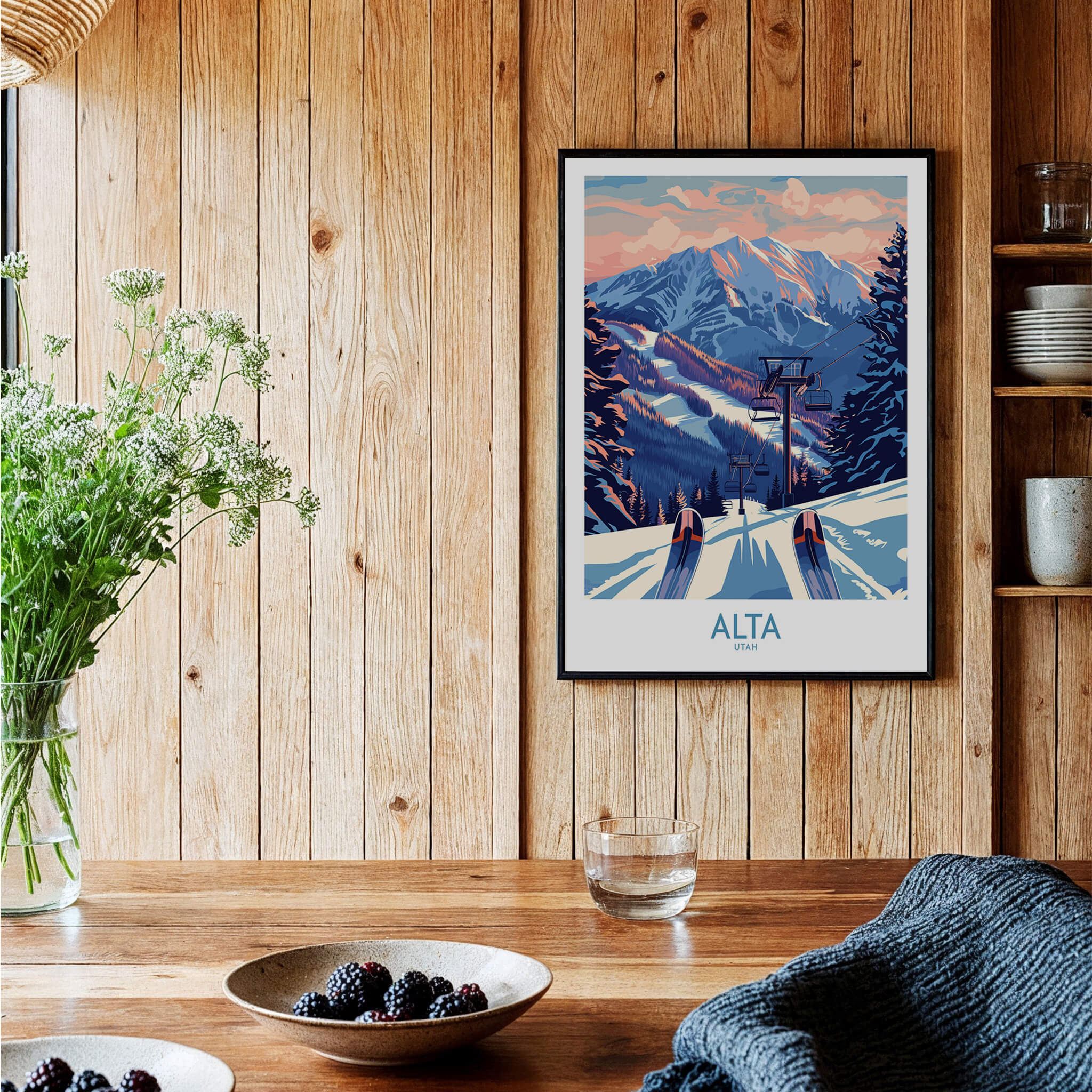 Alta Utah Ski Print - Winter Sports Travel Decor framed on a wooden wall, showcasing a snowy mountain scene with skiers.