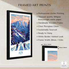 Alta Utah Ski Print - Winter Sports Travel Decor featuring stunning mountain scenery and a ski lift.