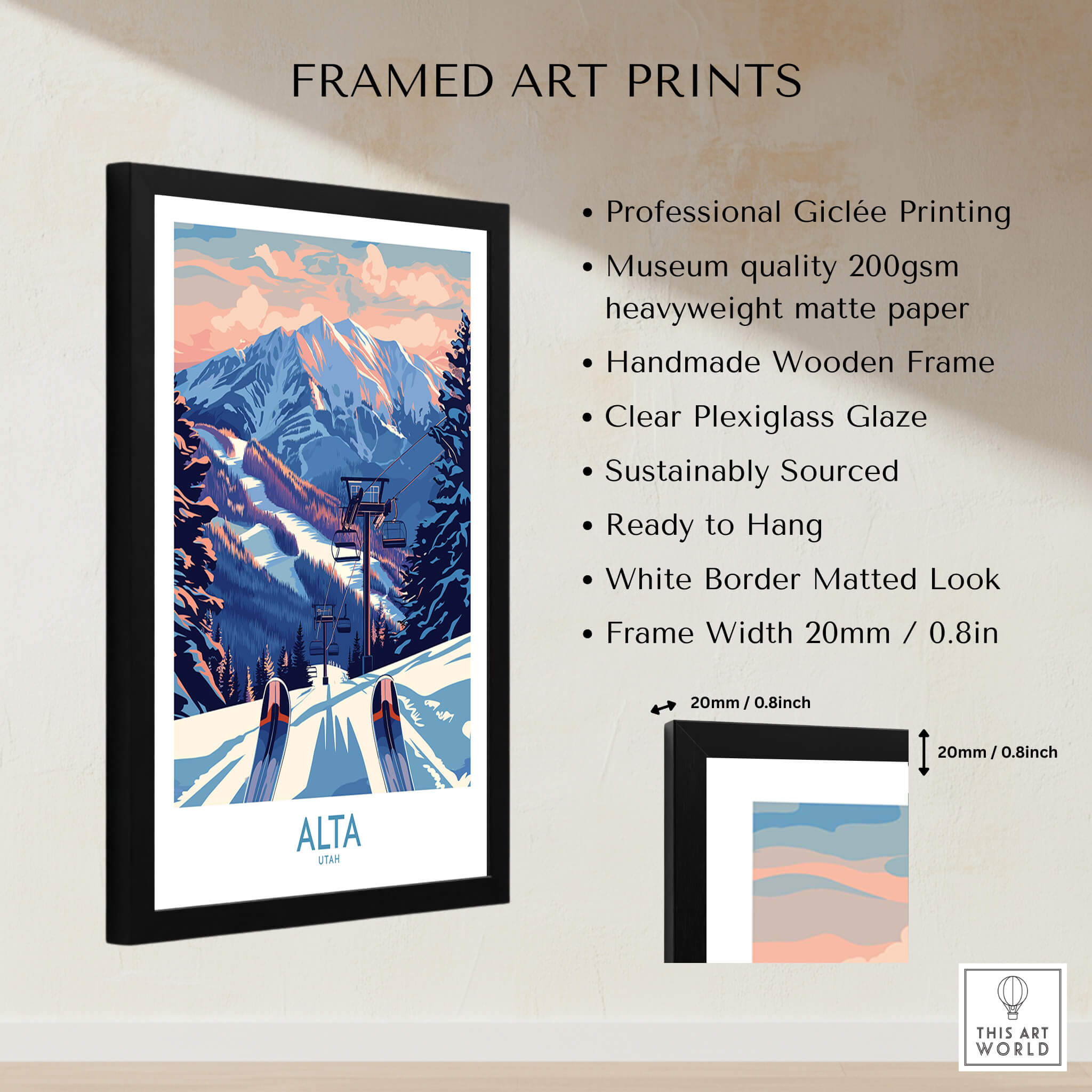 Alta Utah Ski Print - Winter Sports Travel Decor featuring stunning mountain scenery and a ski lift.