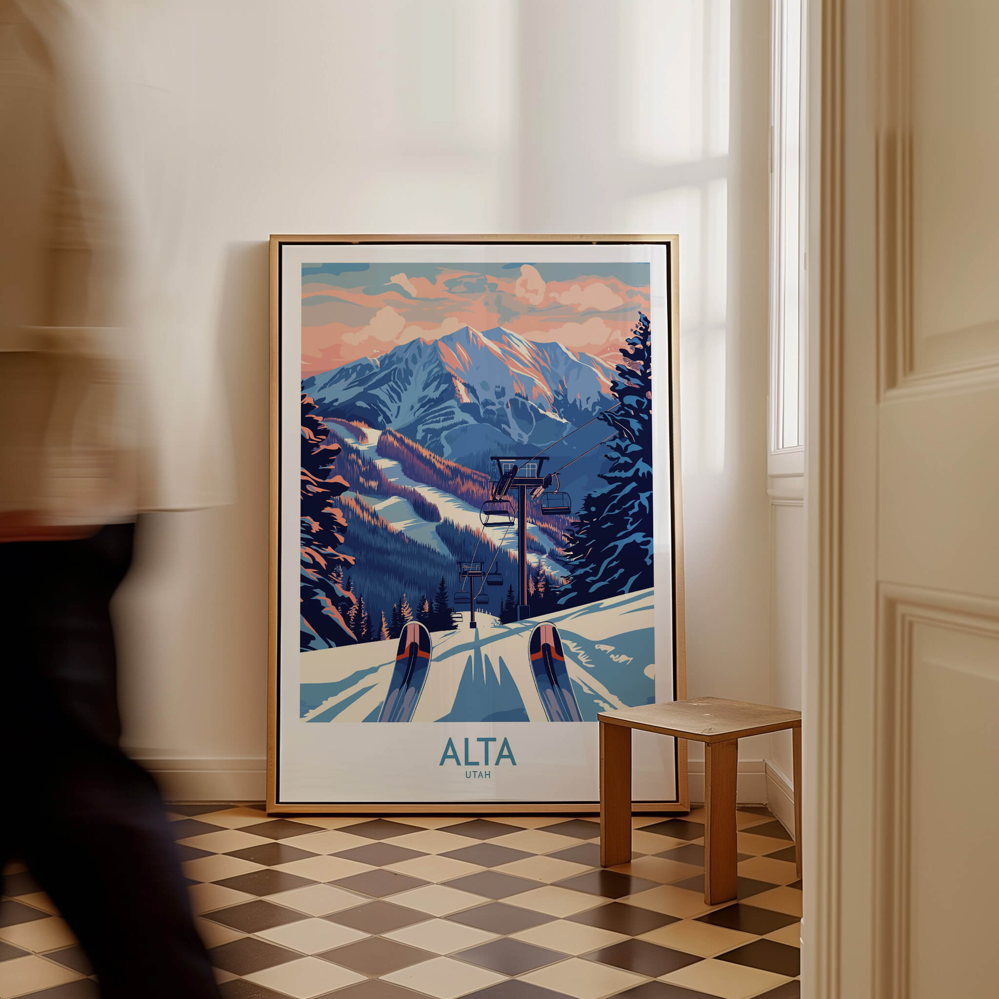 Alta Utah Ski Print - Winter Sports Travel Decor displayed in a cozy interior, showcasing snowy mountains and ski slopes.