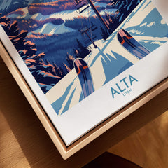 Alta Utah Ski Print - Winter Sports Travel Decor showcasing vibrant skiing scene with snow-covered mountains.