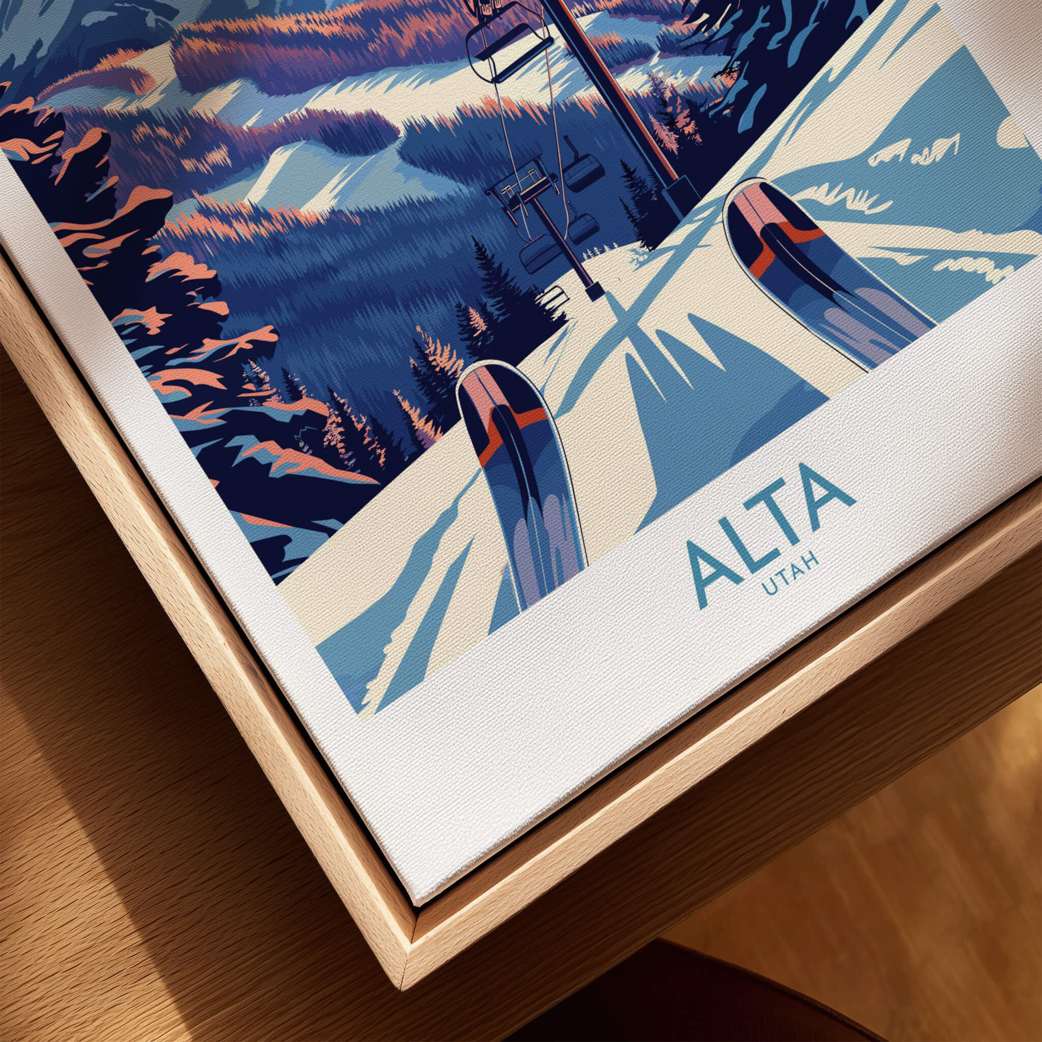 Alta Utah Ski Print - Winter Sports Travel Decor showcasing vibrant skiing scene with snow-covered mountains.