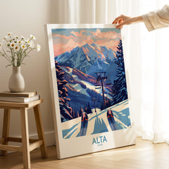 Alta Utah Ski Print - Winter Sports Travel Decor showcasing a colorful ski landscape and mountain backdrop.