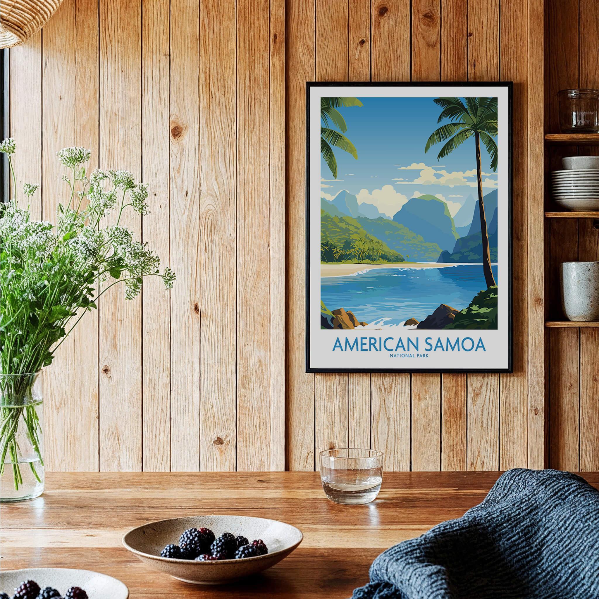 American Samoa National Park art print in black frame on wood wall in cozy kitchen setting