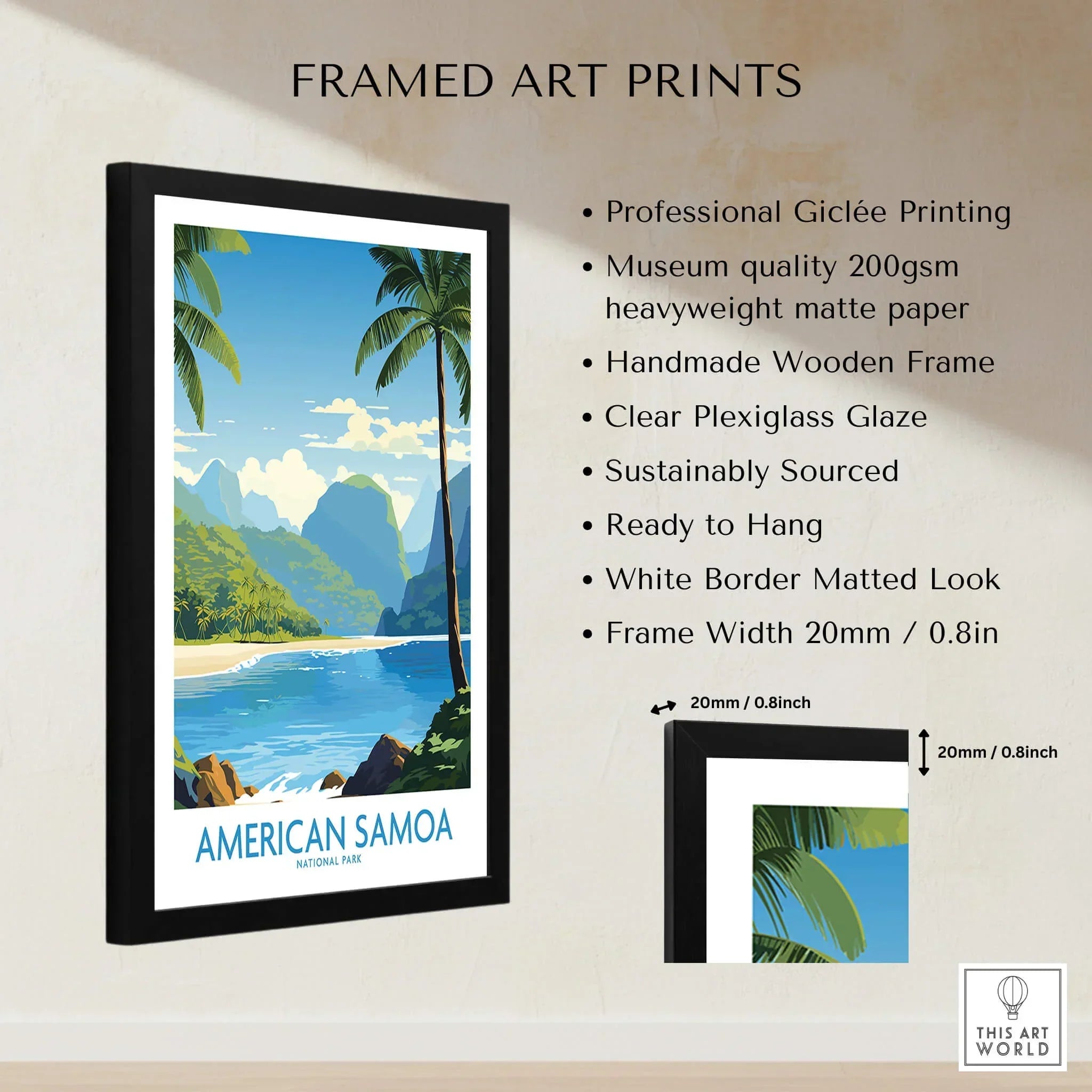 Framed American Samoa National Park art print with tropical landscape and product details