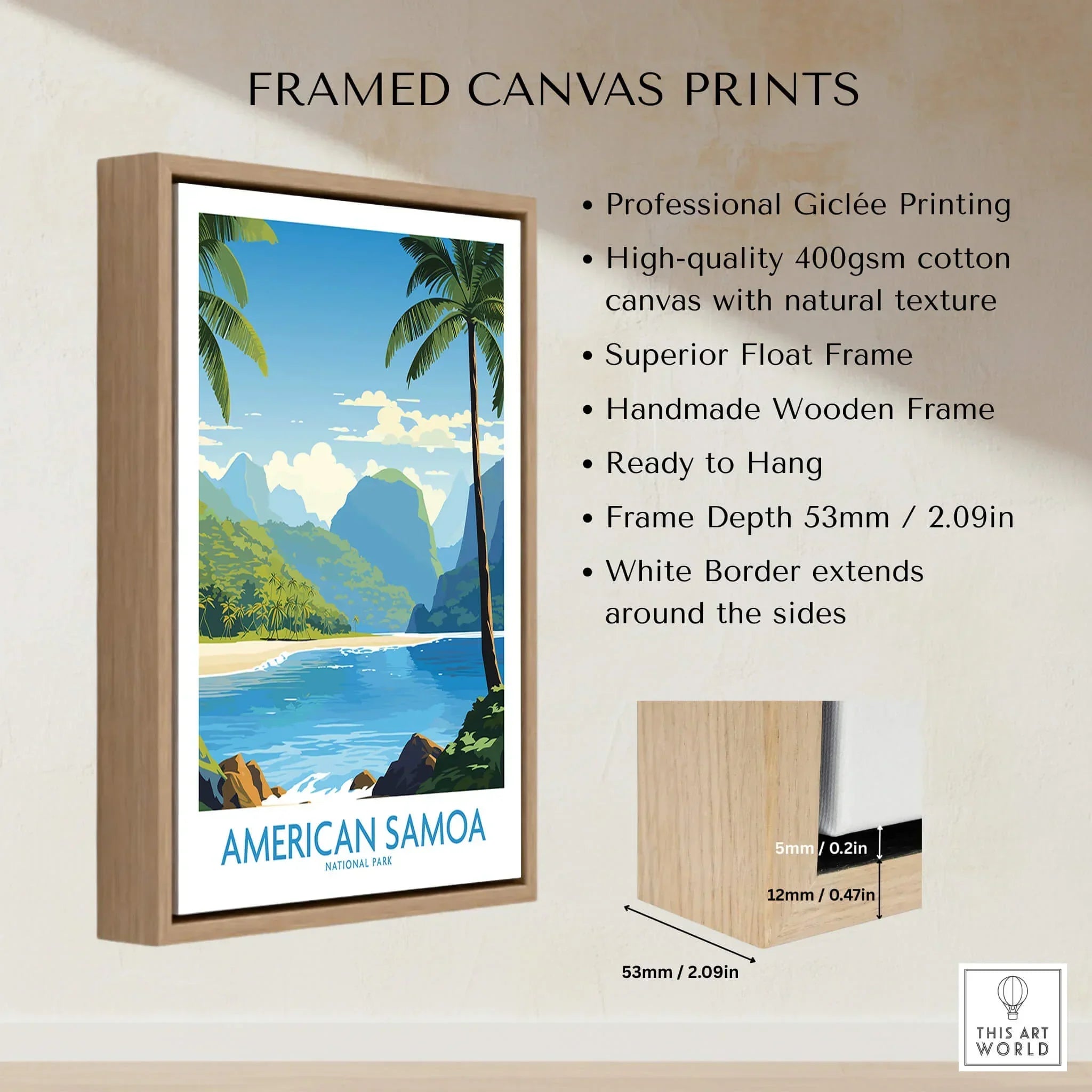 Framed canvas print of American Samoa National Park with tropical beach and mountains, float wooden frame detail.