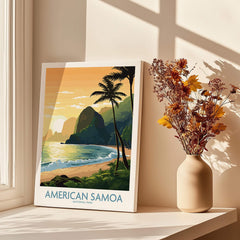 American Samoa National Park wall art print with tropical beach, sunlight, and vase of flowers on windowsill.