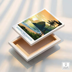 American Samoa wall art canvas print with tropical beach and palm trees at sunset.