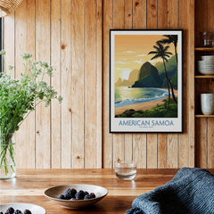 Framed American Samoa National Park art print on wood wall in rustic kitchen setting