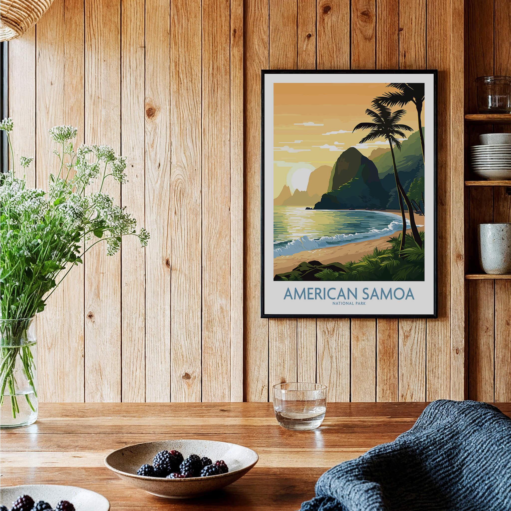Framed American Samoa National Park art print on wood wall in rustic kitchen setting