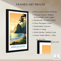 Framed American Samoa travel poster print with beach landscape, palm trees, and product features.