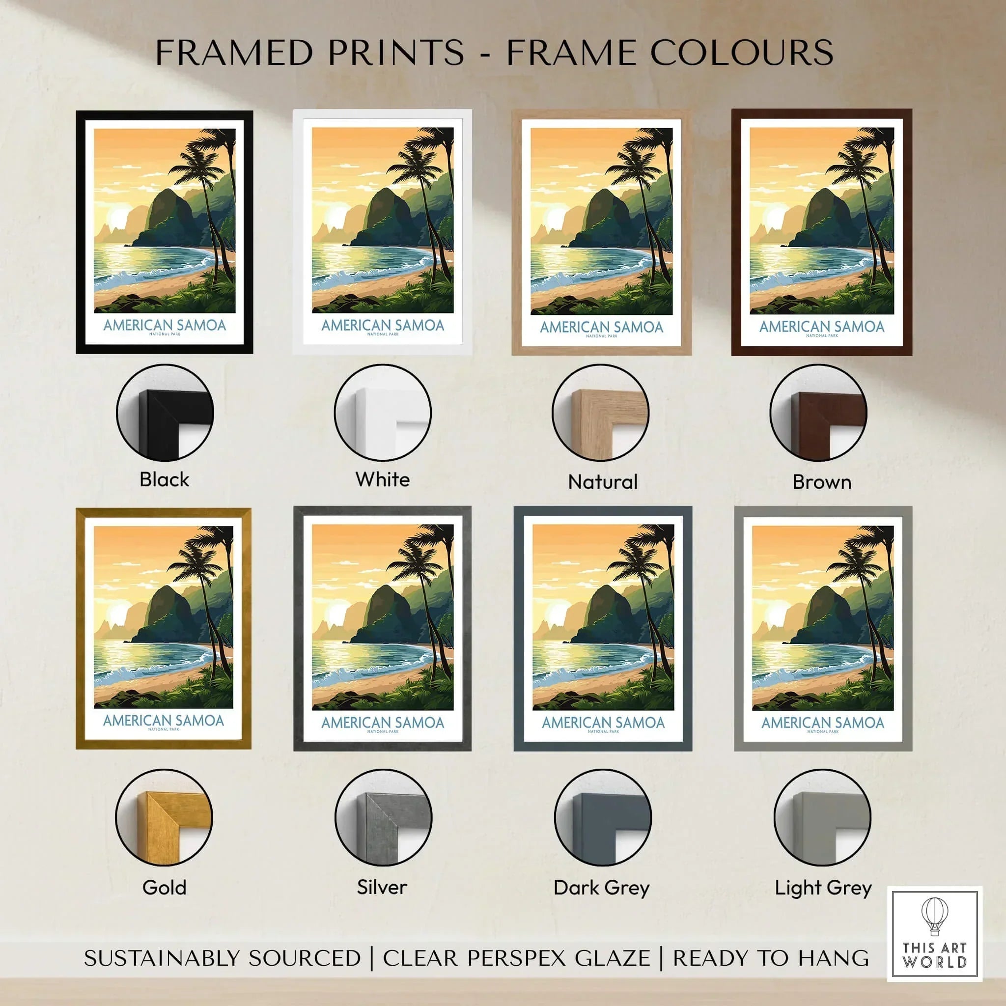 American Samoa wall art print with tropical beach scene shown in eight frame color options.