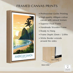American Samoa National Park travel poster framed canvas print with palm trees and sunset beach scene, float frame details shown.