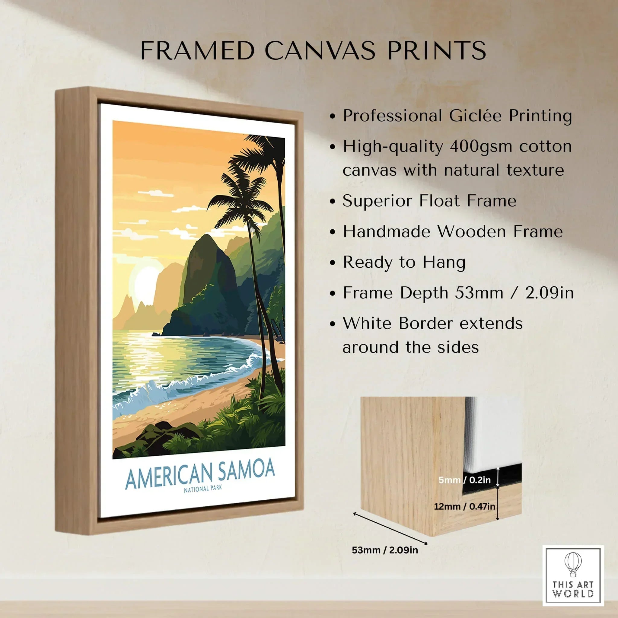 American Samoa National Park travel poster framed canvas print with palm trees and sunset beach scene, float frame details shown.
