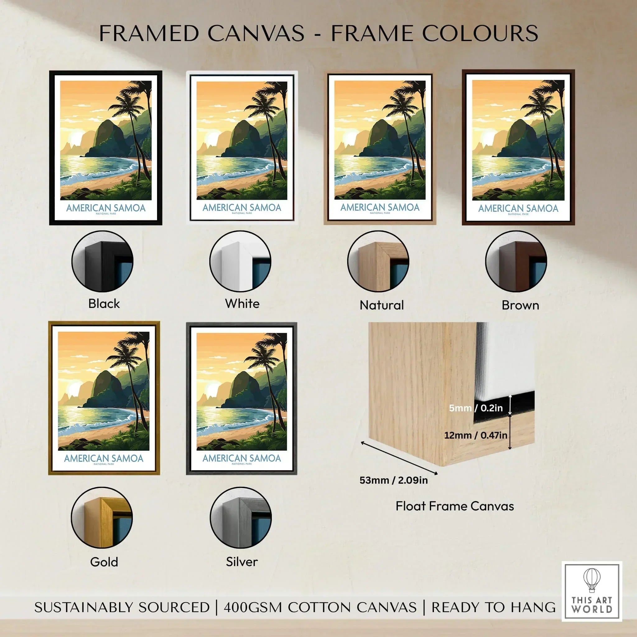 American Samoa travel poster wall art in six frame color options—black, white, natural, brown, gold, and silver—displayed on framed canvas with float frame details.