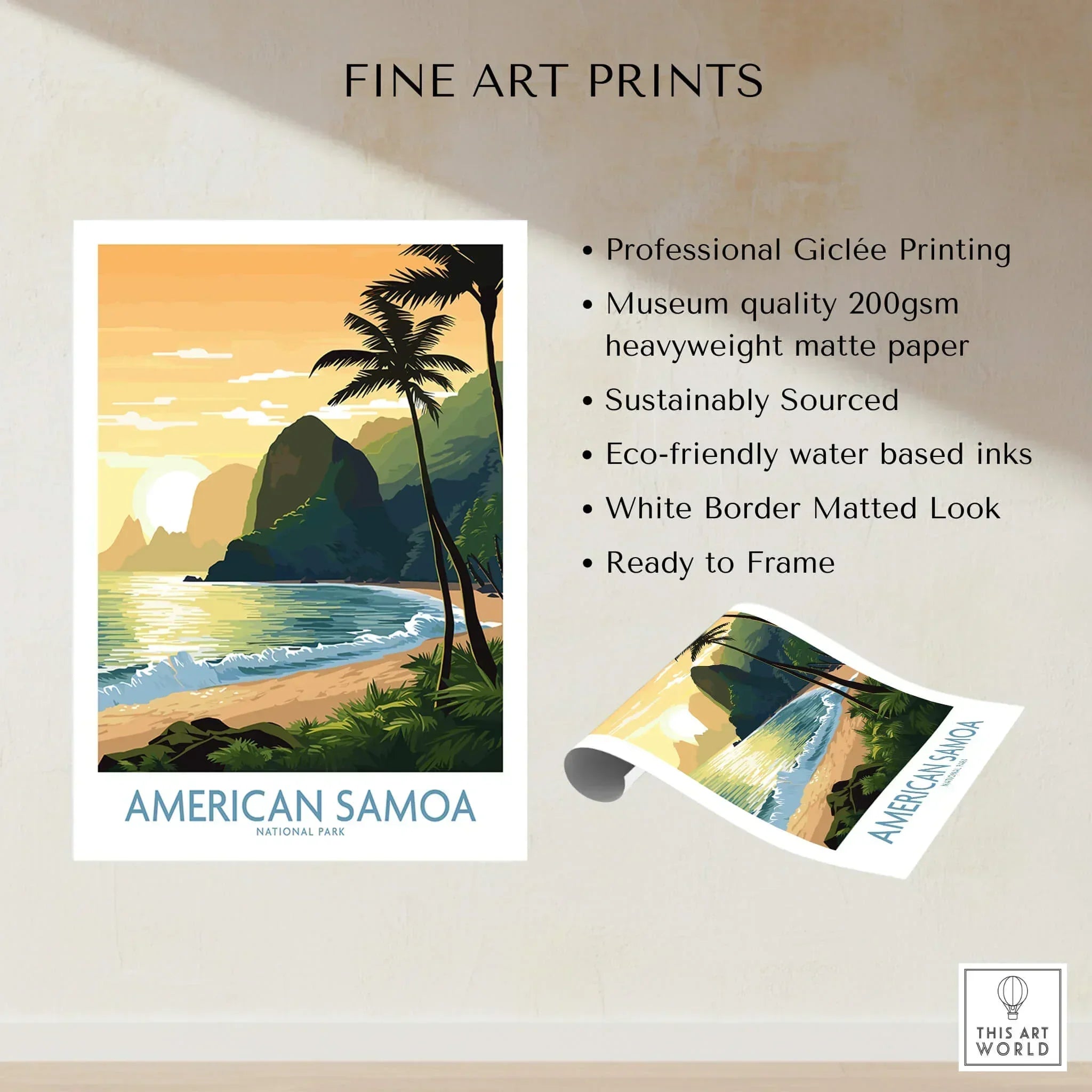 American Samoa National Park travel poster art print with tropical beach, palm trees, and sunset.