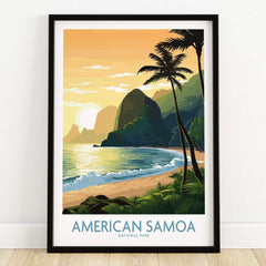 American Samoa National Park art print in black frame, tropical beach sunset scene