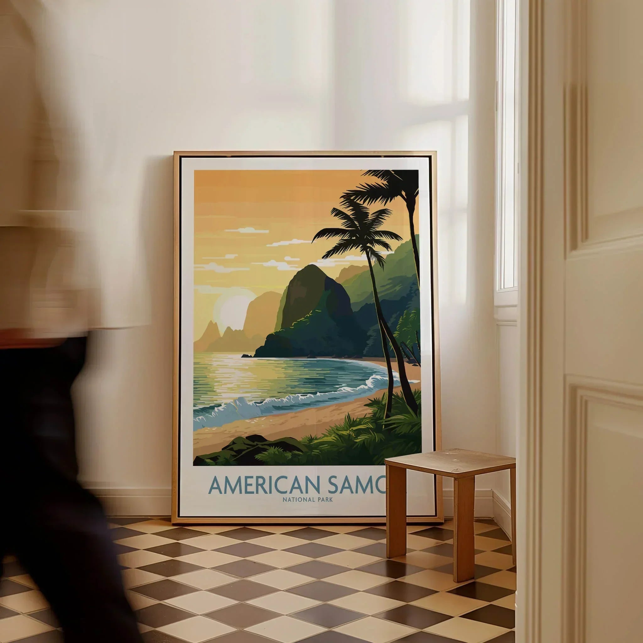 Framed American Samoa National Park poster with palm trees and beach scene on checkered floor