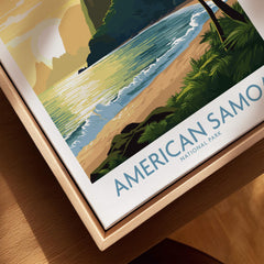 Framed canvas art of American Samoa National Park beach landscape with ocean and sunset.