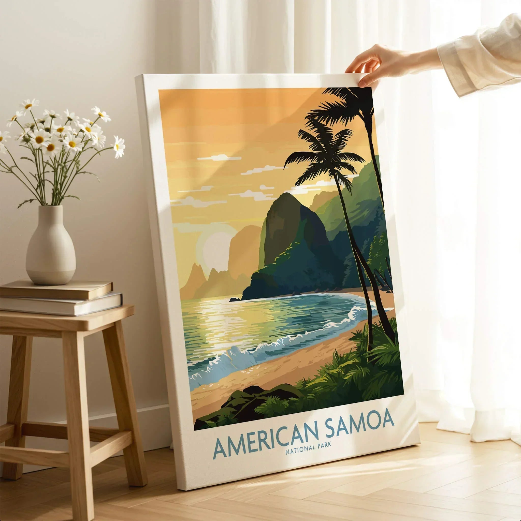 American Samoa National Park travel poster print with beach, palm trees, and ocean at sunset
