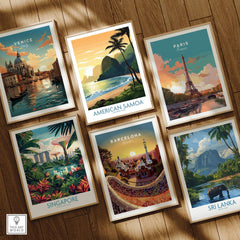 Set of six framed travel posters featuring Venice, Paris, Barcelona, Singapore, American Samoa, and Sri Lanka with scenic artwork, displayed on a wooden floor.