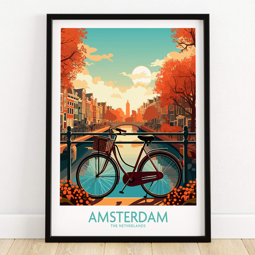 Amsterdam Wall Art | Modern Style, vibrant print featuring a bicycle by Amsterdam's canal at sunset.