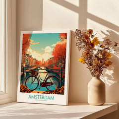 Amsterdam Wall Art | Modern Style - Vibrant print of Amsterdam's canals with a bicycle in a sunset scene.