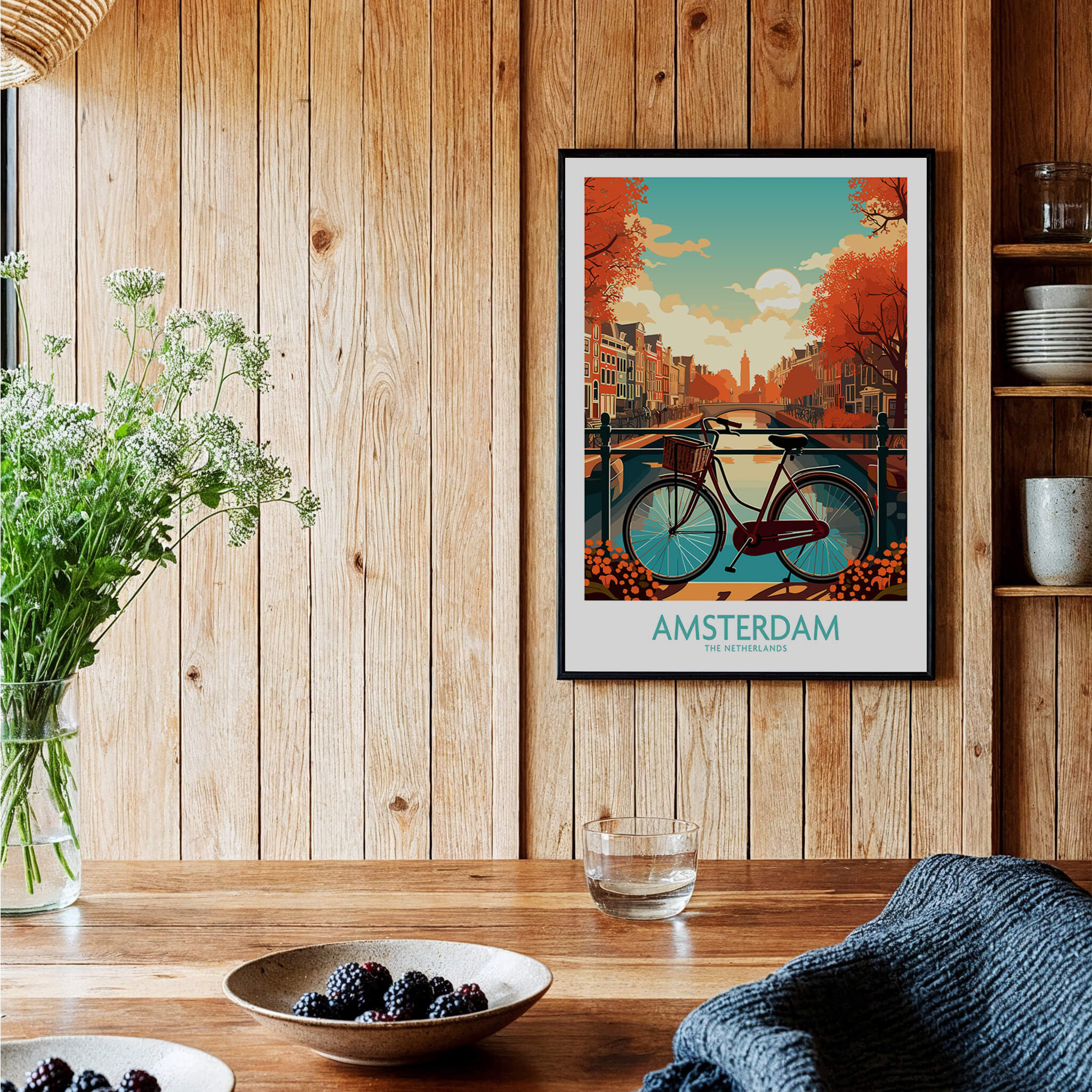 Amsterdam Wall Art | Modern Style - A vibrant print of a bike by Amsterdam's canals, enhancing your home decor.